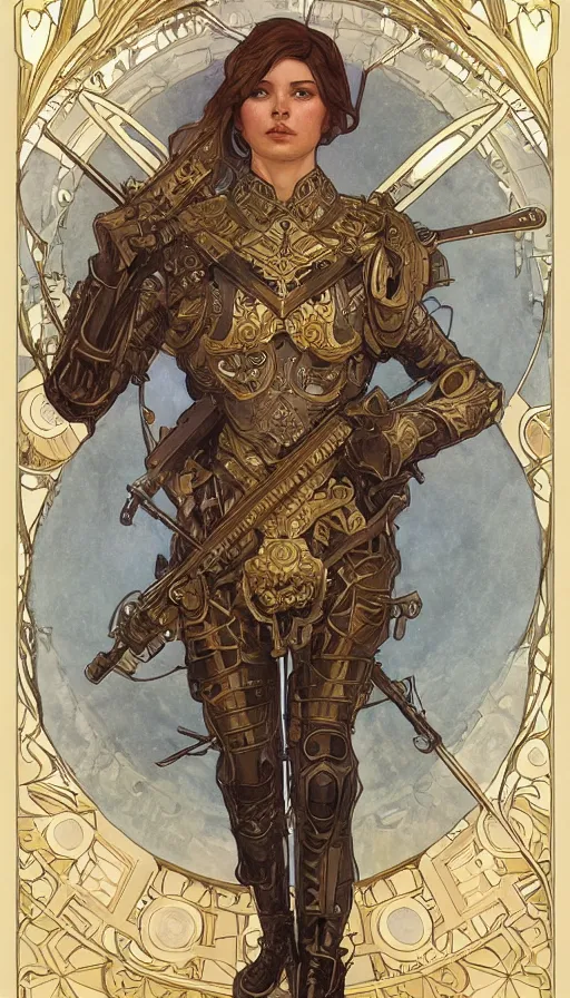 Image similar to a soldier in full armor, highly detailed, very intricate, art nouveau, gold filigree, left right symmetry, tarot concept art watercolor illustration by mandy jurgens and alphonse mucha and alena aenami, featured on artstation