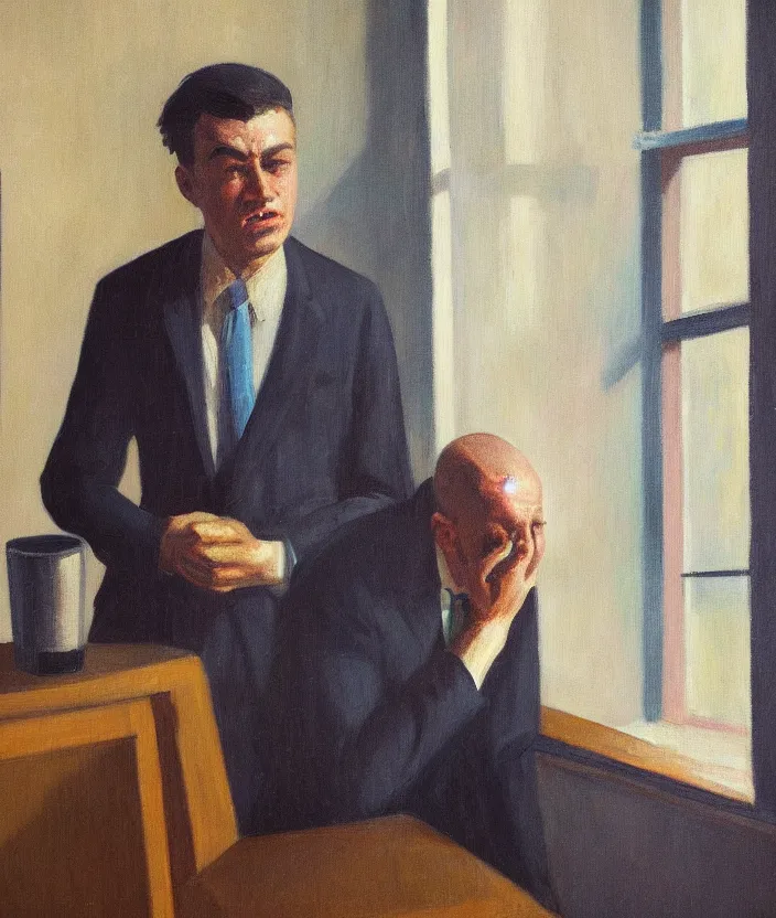 Image similar to a portrait painting of a man in a suit, the man is screaming and sad, highly detailed facial details, the man is alone in front of a window, in the style of edward hopper, 4 k,