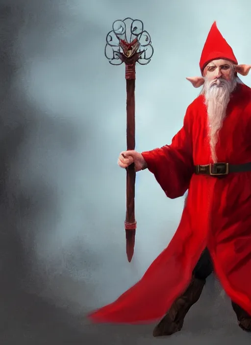 Prompt: middle aged male elf wizard wearing a red robe and holding a staff, trending on artstation, D&D, soft lighting, HD, sharp focus, intricate, masterpiece, concept art, character design