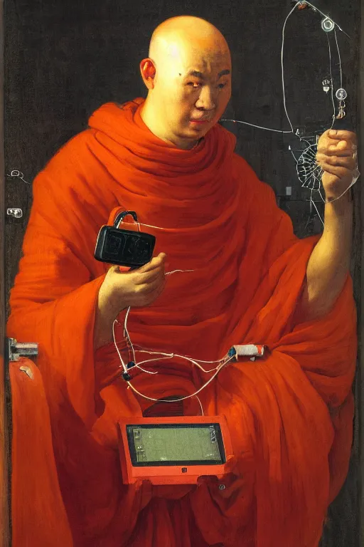 Image similar to portrait of a techno monk in orange robes with wires and circuit boards coming out of his face by francisco goya