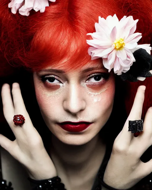 Image similar to Portrait of a Jewish woman, close-up, ice, diamond skin, high sharpness, zeiss lens, fashion photo shoot, flowers, red hair, coral lipstick, on the background black , in semi prakEduard Buba, Annie Leibovitz, Paolo Roversi, David Lazar, Jimmy Nelsson, Eiko Hosoe, artistic, hyper-realistic, beautiful face, octane rendering