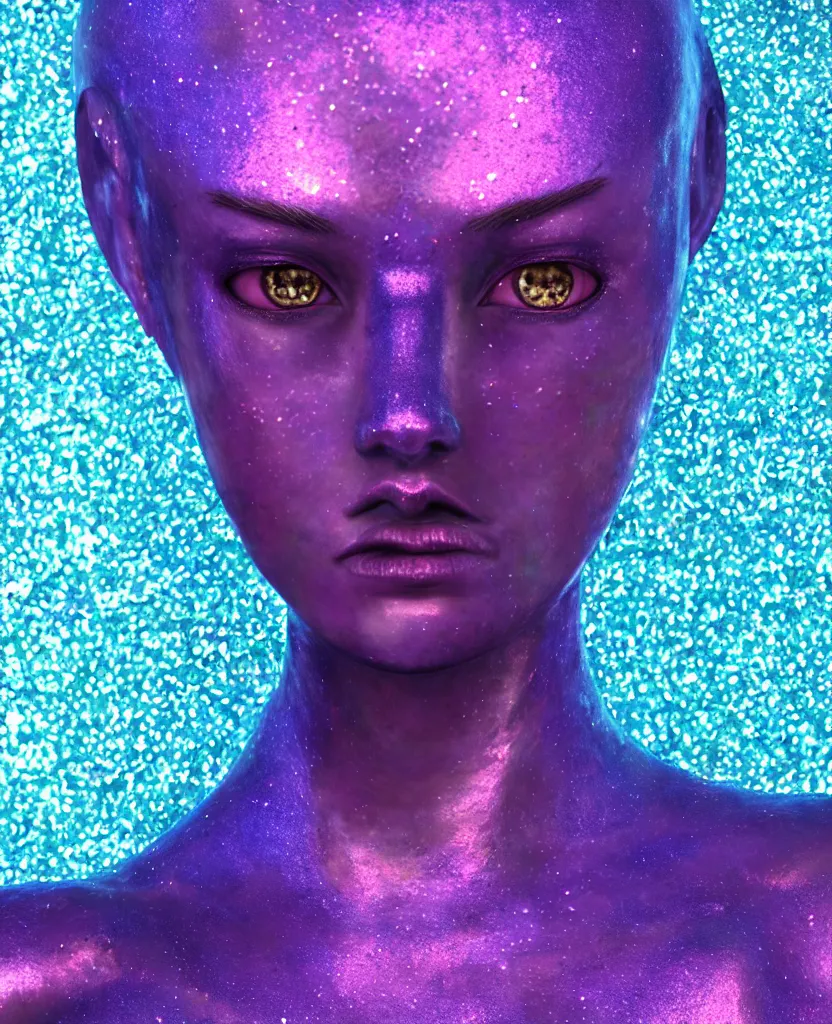 Image similar to beautiful blue alien female, ram horns, glitter, specular reflections, shiny skin, eye tattoo, portrait, synthetic full bodysuit colourful fish scale armour, intricate details, farscape, cinematic, octane render, subsurface scattering, bloom, shadows, purple glowy background, volumetric lighting