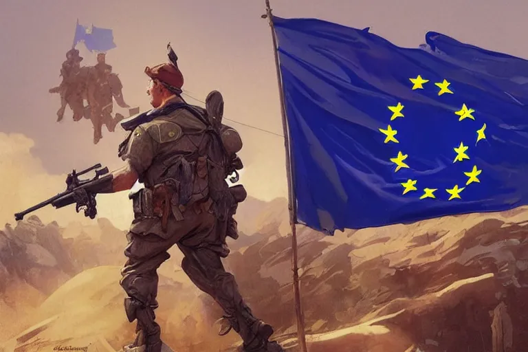 Prompt: border guards surprised to discover eu flag, realistic painting, symmetrical, highly detailed, digital painting, artstation, concept art, smooth, sharp focus, illustration, cinematic lighting, art by artgerm and greg rutkowski and alphonse mucha