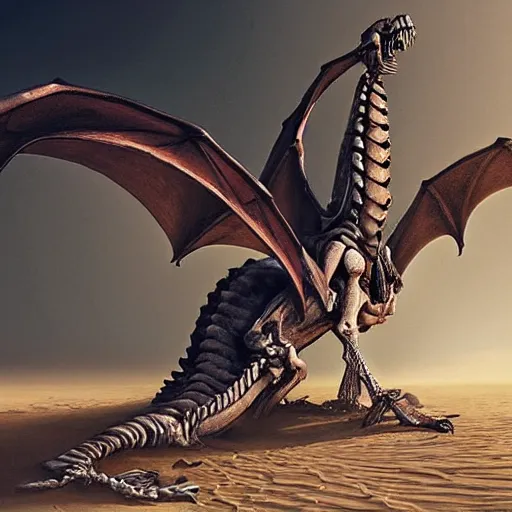 Prompt: “a huge skeleton of a dragon lying in the sands of the desert, atmospheric, concept art, high quality”