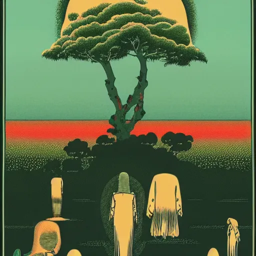 Image similar to what blind people see on a psychedelic trip, flat design, screen print by kawase Hasui and Dan hillier, 8k, artstation