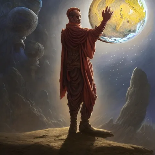 Image similar to male nomad wearing a cloak on an alien world and holding a holographic planet projection in his hand, covered face, detailed, sci - fi, digital painting, artstation, sharp focus, illustration, artgerm, tomasz alen kopera, peter mohrbacher, donato giancola, joseph christian leyendecker, wlop, frank frazetta