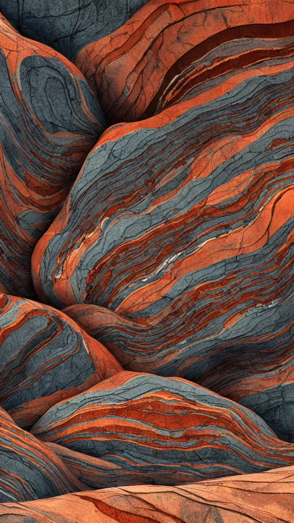 Image similar to vivid color, sedimentary schematic, organic swirling igneous rock, marbled veins, architectural drawing with layers of strata, ochre, sienna, gray, olive, dramatic lighting, rock texture, sand by James jean, geology, octane render in the style of Luis García Mozos