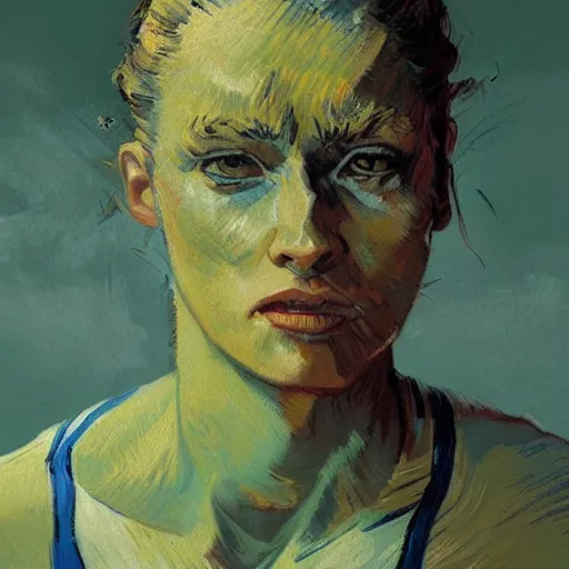 Image similar to painting of an woman basketball player, a van gogh style, greg rutkowski, jared chavez artstation