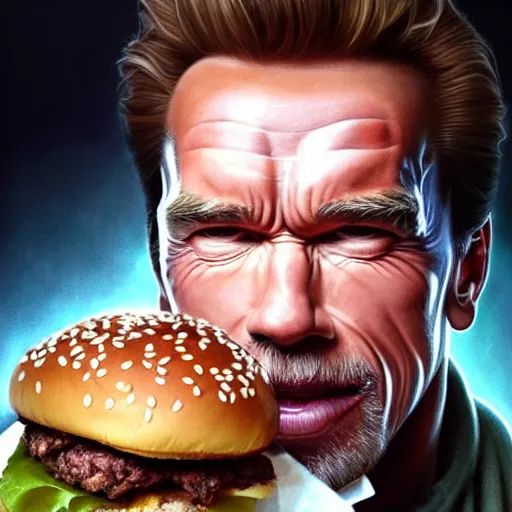 Prompt: portrait of Arnold schwarzenegger eating hamburgers, extra onions and ketchup, luscious patty with sesame seeds, feminine ethereal, handsome, D&D, fantasy, intricate, elegant, highly detailed, digital painting, artstation, concept art, matte, sharp focus, illustration, art by Artgerm and Greg Rutkowski and Alphonse Mucha