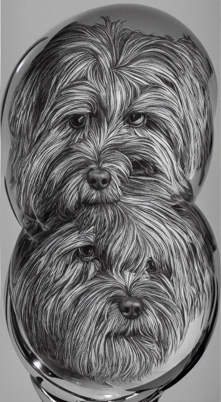 Image similar to self - portrait of a havanese dog reflection in a mirrored chrome sphere, by m c escher pen and paper