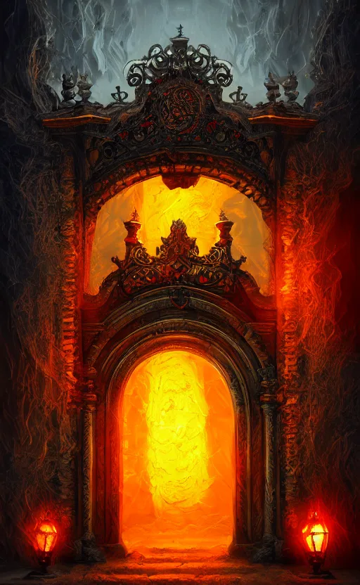 Prompt: a ornamental gate into hell, ornament, intarsia, portal, doorway, dynamic lighting, ambient lighting, atmospherical, photorealistic fantasy concept art, trending on art station, stunning visuals, creative, cinematic, ultra detailed