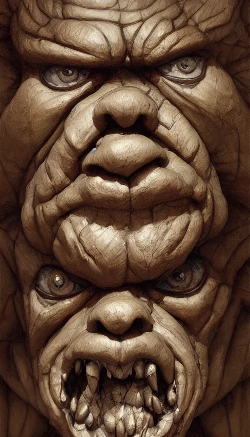 Image similar to wooden gargoyle face forward, looking in the camera, paint texture, digital painting, highly detailed, artstation, sharp focus, sunlit, painted by ruan jia, raymond swanland, lawrence alma tadema, zdzislaw beksinski, norman rockwell, jack kirby, tom lovell, alex malveda, greg staples