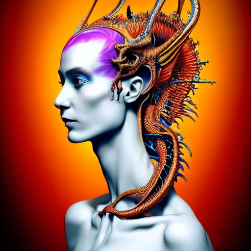 Image similar to a color high quality photo of a young beautiful female queen-dragon-cyborg bust with a very long neck and Mandelbrot fractal face, Mandelbrot fractal skin, flesh, anatomical, facial muscles, veins, arteries, elegant, highly detailed, flesh highly baroque ornate, hair are wired cables, elegant, high fashion, rim light, octane render, in the style of H.R. Giger and Flora Borsi, Realistic, Refined, Highly Detailed, Cinematic Lighting, rim light, photo-realistic, 8K