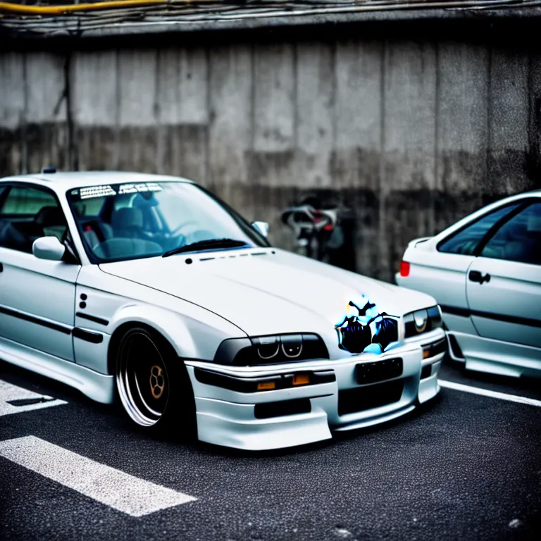 Image similar to close-up-photo BMW E36 turbo illegal meet, work-wheels, Gunma prefecture, rooftop carpark, cinematic color, photorealistic, high detailed deep dish wheels, highly detailed, custom headlights, neon underlighting