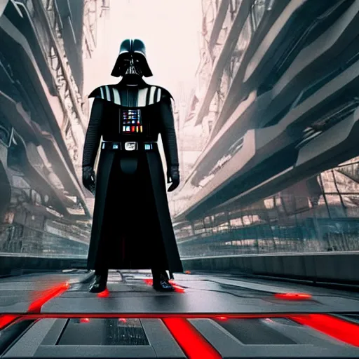 Image similar to photo of Darth vader walking in a futuristic city in a dystopian future made of electronic components and looks like a giant pcb board. Very detailed 8k. Unreal engine 5 render with nanite, global illumination and path tracing. Cinematic post processing. Emphasize on the colors black and red.