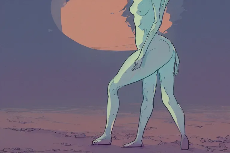 Image similar to a study of cell shaded cartoon of a girl standing on a beach, illustration, wide shot, subtle colors, post grunge, concept art by josan gonzales and wlop, by james jean, Victo ngai, David Rubín, Mike Mignola, Laurie Greasley, highly detailed, sharp focus, alien, Trending on Artstation, HQ, deviantart, art by artgem