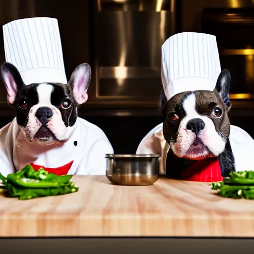 Image similar to a 8k highly detailed still photo by David Bailey of Two multi-colored French Bulldogs in chef hats and aprons starring on a cooking show, a high end restaurant kitchen in the background, bokeh