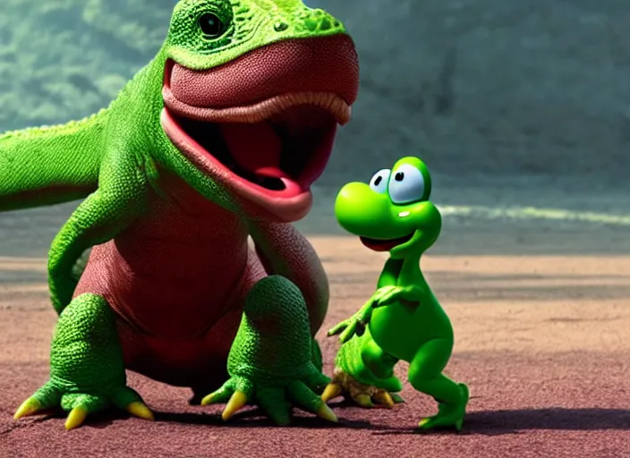 Image similar to film still of yoshi in the new sci - fi movie, cute upright standing upright upright dinosaur standing on its hind legs with a small red turtle shell and sticking out a long sticky tongue, 8 k