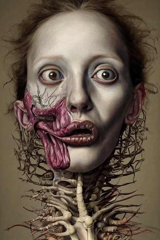 Prompt: Detailed maximalist portrait with large lips and eyes, scared expression, botanical anatomy, skeletal with extra flesh, HD mixed media, 3D collage, highly detailed and intricate, surreal illustration in the style of Jenny Saville, dark art, baroque, centred in image, rendered in octane