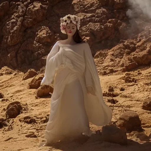 Prompt: The full body shot of beautiful pale woman with white flowers and full-face golden mask in a rocky desert landscape, smoke around her, volumetric lighting, multiple eyes and dry earth by Denis Villeneuve, Lubezki, Gaspar Noe and Christopher Doyle, anamorphic lens, anamorphic lens flares, kodakchrome, cinematic composition, practical effects, award winning photo, 8k