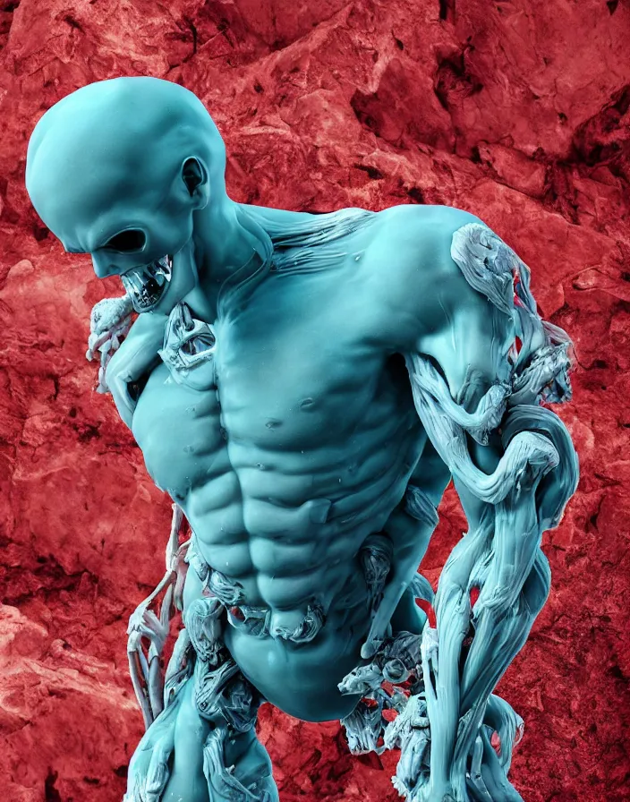 Prompt: positing on rock Apollon sculpture with many inflateble biomechanical details, full lenght view. white plastic, skull, muscles, tumors, veins, biomech. halo. octane rendering, cinematic, hyperrealism, octane rendering, 8k, depth of field, bokeh. iridescent accents. vibrant. teal gold and red color scheme