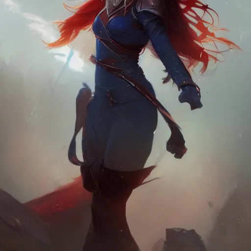 Image similar to A detailed matte oil on canvas portrait of a beautiful elven woman with blue red eyes and red hair by greg rutkowski and Charlie bowater, trending on artstationhd, dungeons and dragons art