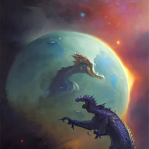 Prompt: Blue scaled dragon devouring an earth like planet in space, sun system, nebula, oil painting, by Fernanda Suarez and Edgar Maxence and Greg Rutkowski