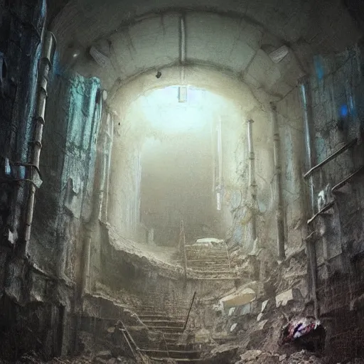 Prompt: hallway inside ruined underground glacier city with broken crts displaying static, by greg rutkowski, zdzisław beksinski, anato finnstark, and rembrandt