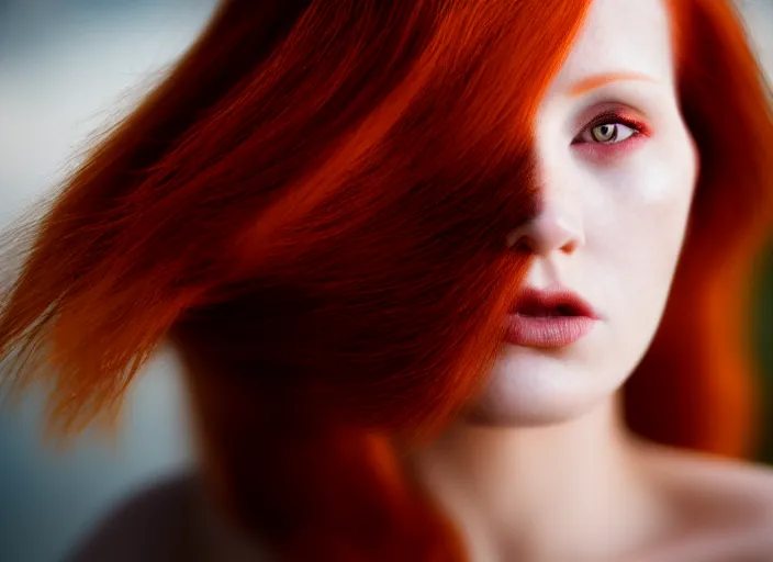 Prompt: 5 5 mm portrait photo of a redhead woman's face with ( intricate cat eyes ). highly detailed 8 k. intricate. lifelike. soft light. nikom d 8 5 0. cinematic post - processing