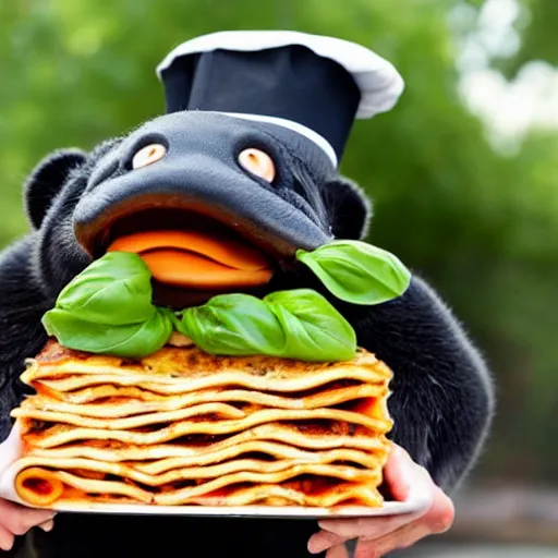 Image similar to platypus wearing a chef hat while holding a lasagna with three basil leaves over the lasagna