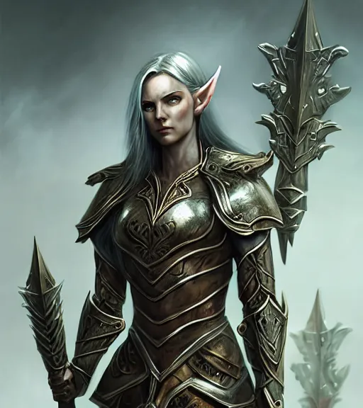 Image similar to unknown the elder scrolls vi charismatic rugged female high elf portrait clothed in metal - plated battle armour atmospheric lighting painted intricate volumetric lighting, beautiful, sharp focus, ultra detailed by leesha hannigan, ross tran, thierry doizon, kai carpenter, ignacio fernandez rios