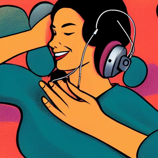 Image similar to a realism illustration of a beautiful woman with headphones dancing