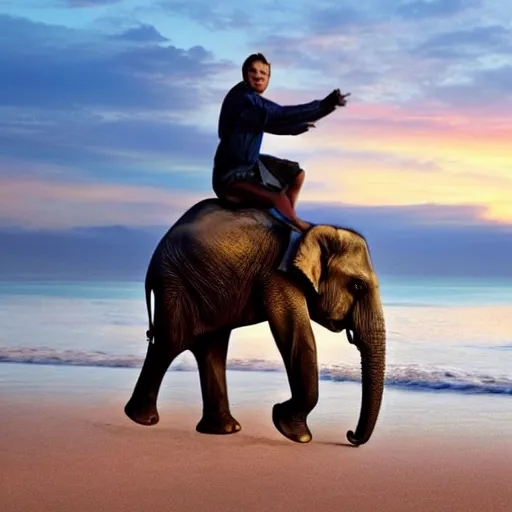 Image similar to leonardo dicaprio riding an elephant on beach at sunset romantic lighting