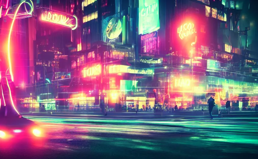 Image similar to macro view of a giant of 1 km of hight walking on the big city, tron, close up bokeh hiperrealistic neon glow darkness dramatic neon, sharp focus, octane render, imax