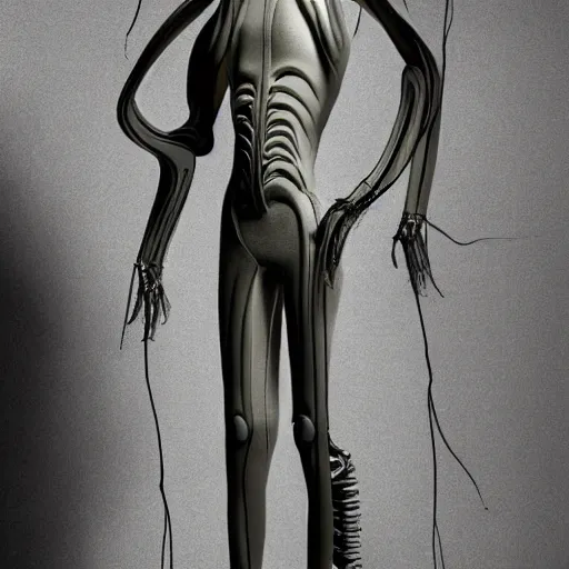 Prompt: giger biomehanic alien suit formal classic catwalk fashion beksinski hugo boss prada - n 8