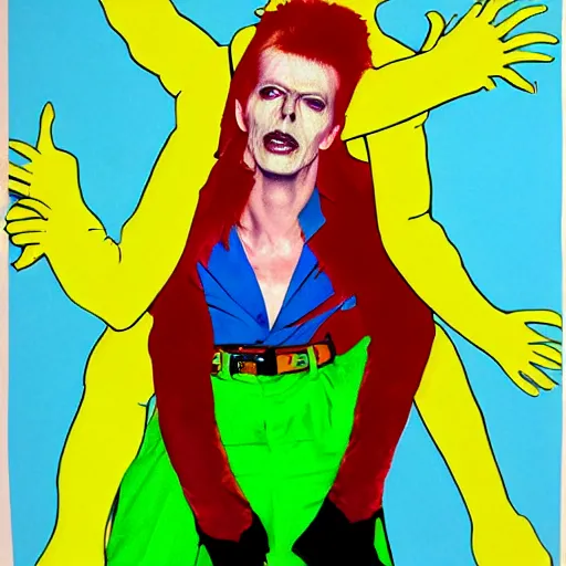 Image similar to david bowie from changes giving a piggy back ride to ziggy stardust. in the style of hans baldung.