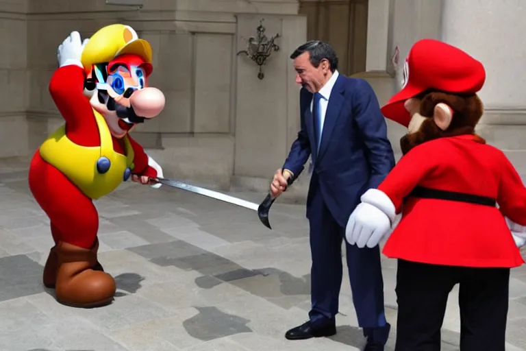 Image similar to sword fight between Mario Draghi and Masha and the Bear