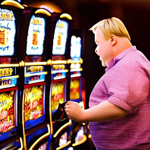 Image similar to fat blonde man losing money on a slot machine