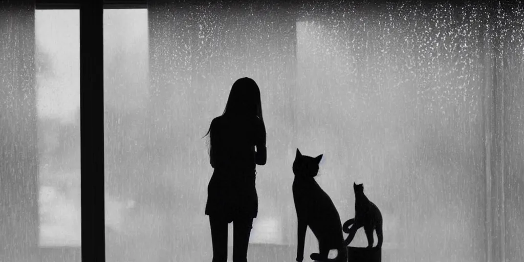 Image similar to silhouette of a girl and her cat, looking out a window on a rainy day, inside a cozy apartment, with a city view. atmospheric, moody, cozy, rainy day, backlit,