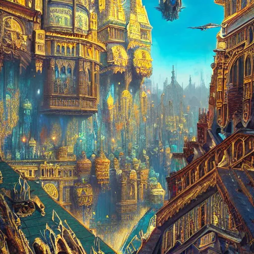 Prompt: a beauitful painting of a gilded gothic city made of bismuth and intricately detailed 3D mandelbulb motherboard brilliantly colored, reflective, panorama detailed matte painting by Henriette Grinda and Sparth and Jeff Simpson and beeple and Andy Grey, unreal engine, trending on behance, featured on artstation