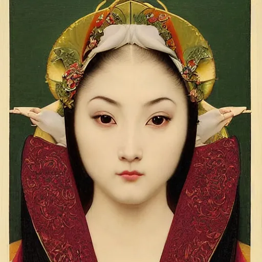 Image similar to front symmetric face of asian megane fox in japanese costume, victorian head dress, by jan van eyck, tom bagshaw, jean delville, william bouguereau, albrecht durer, symbolist painting, mysterious mood