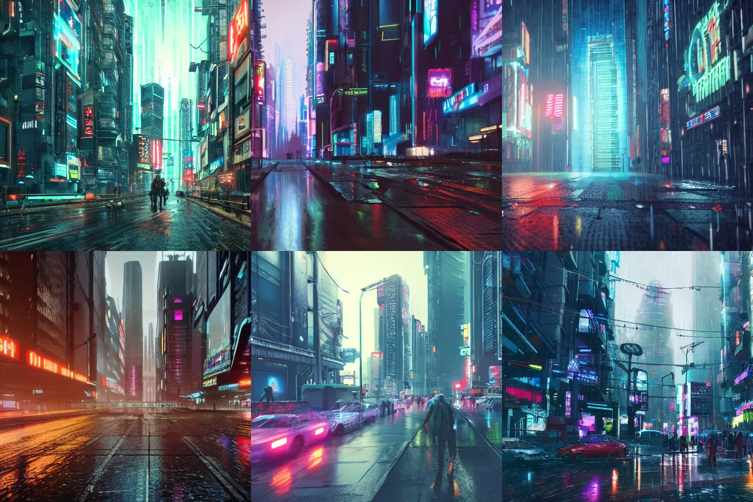 Prompt: a cyberpunk city in the rain, photo realistic, 8k