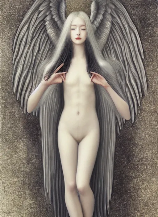 Image similar to tall thin young wan beautiful angel, silver hair so long, pale!, long silver hair, silver angel wings, wan adorable korean face, silver hair!!, style of fernand khnopff and lucien levy - dhurmer, oil on canvas, 4 k resolution, aesthetic!,