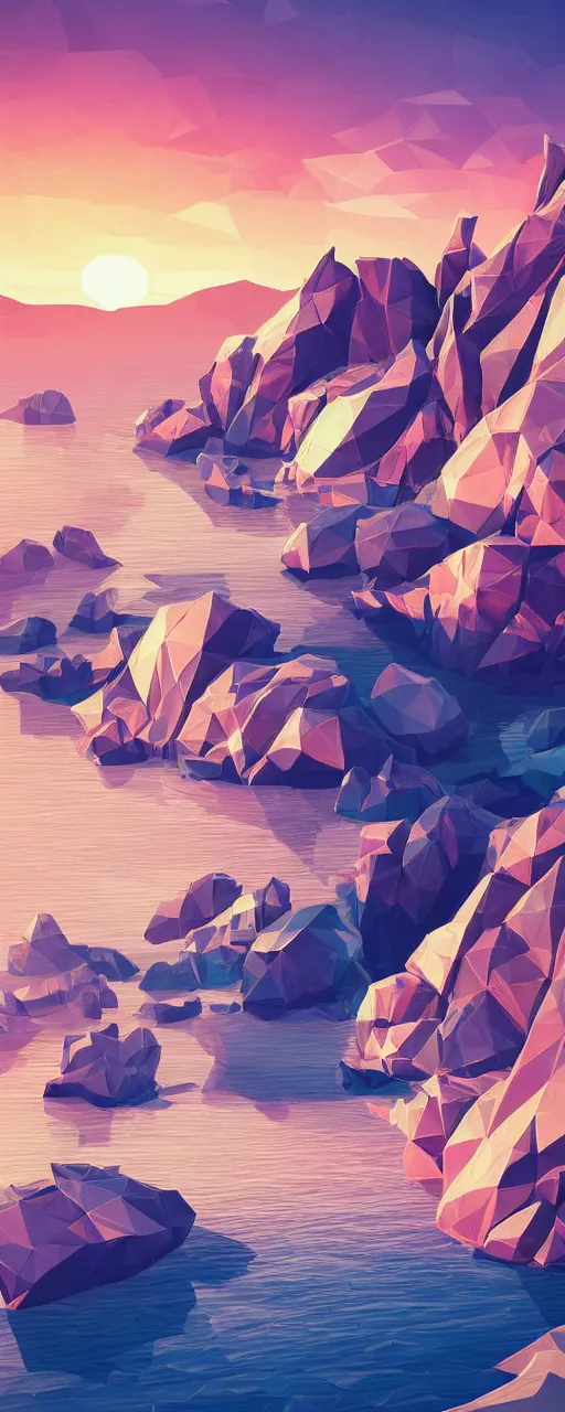 Image similar to super detailed color lowpoly art, northern sunset with rocks on front, monochrome photorealistic bay in the middle of perspective and mountains at background, big graphic vessel in random point of bay, unreal engine, retrowave color palette, 3 d render, lowpoly, colorful, digital art, perspective