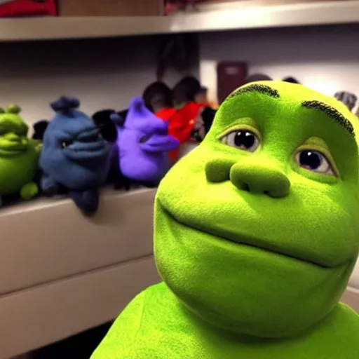 Image similar to a terrible knockoff plush toy of Shrek being sold on ebay, photograph, poorly taken photograph, weird angle, realistic, hyperrealistic, very detailed, extremely detailed, dark lighting, poor lighting, very realistic, thumb on the camera lens, HD quality, 8k resolution, funny