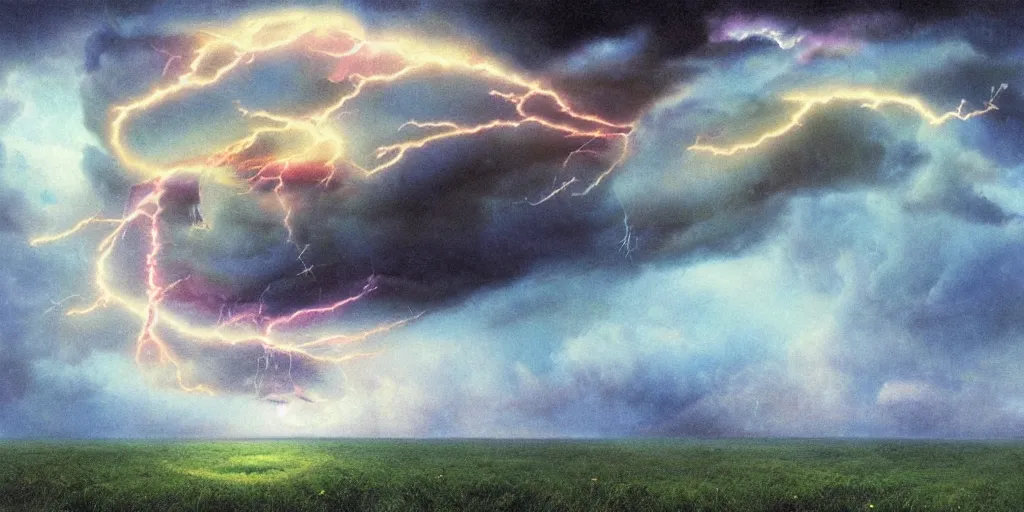 Image similar to a raging storm over a meadow with lightning ripping open an iridescent portal to blue skies behind <manipulation software=photoshop>Storm from X-Men flying in the clouds</manipulation>, illustration, detailed, smooth, soft, warm, by Adolf Lachman, Shaun Tan, Surrealism