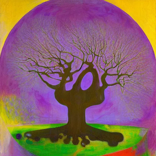 Prompt: a painting of a tree with a purple circle in the center, an ultrafine detailed painting by Asger Jorn, pixiv contest winner, gutai group, oil on canvas, cosmic horror, artwork, 8K