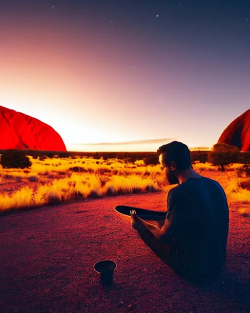 Prompt: close - up of man sitting at uluru playing medicine drum at campfire under cosmic night sky, global illumination radiating a glowing aura global illumination ray tracing hdr render in unreal engine 5, dramatic atmospheric volumetric lighting