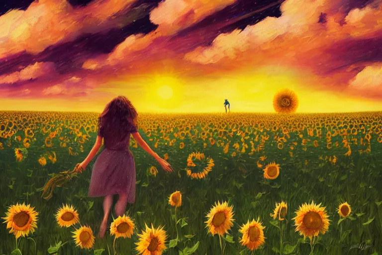 Image similar to giant sunflower as a head, girl walking in daisy field, hills, surreal photography, dark night, star trails, dramatic light, impressionist painting, clouds, digital painting, artstation, simon stalenhag