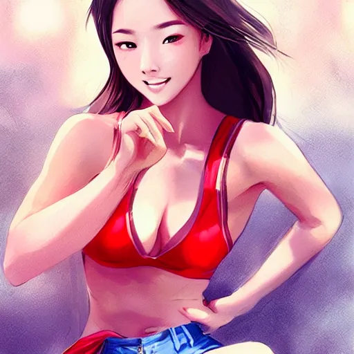 Prompt: beautiful asian woman in red shorts and sports bra sitting on car, perfect face, perfect body, eye contact, smiling, flirting, digital art in the style of artgerm and WLOP, extreme long shot